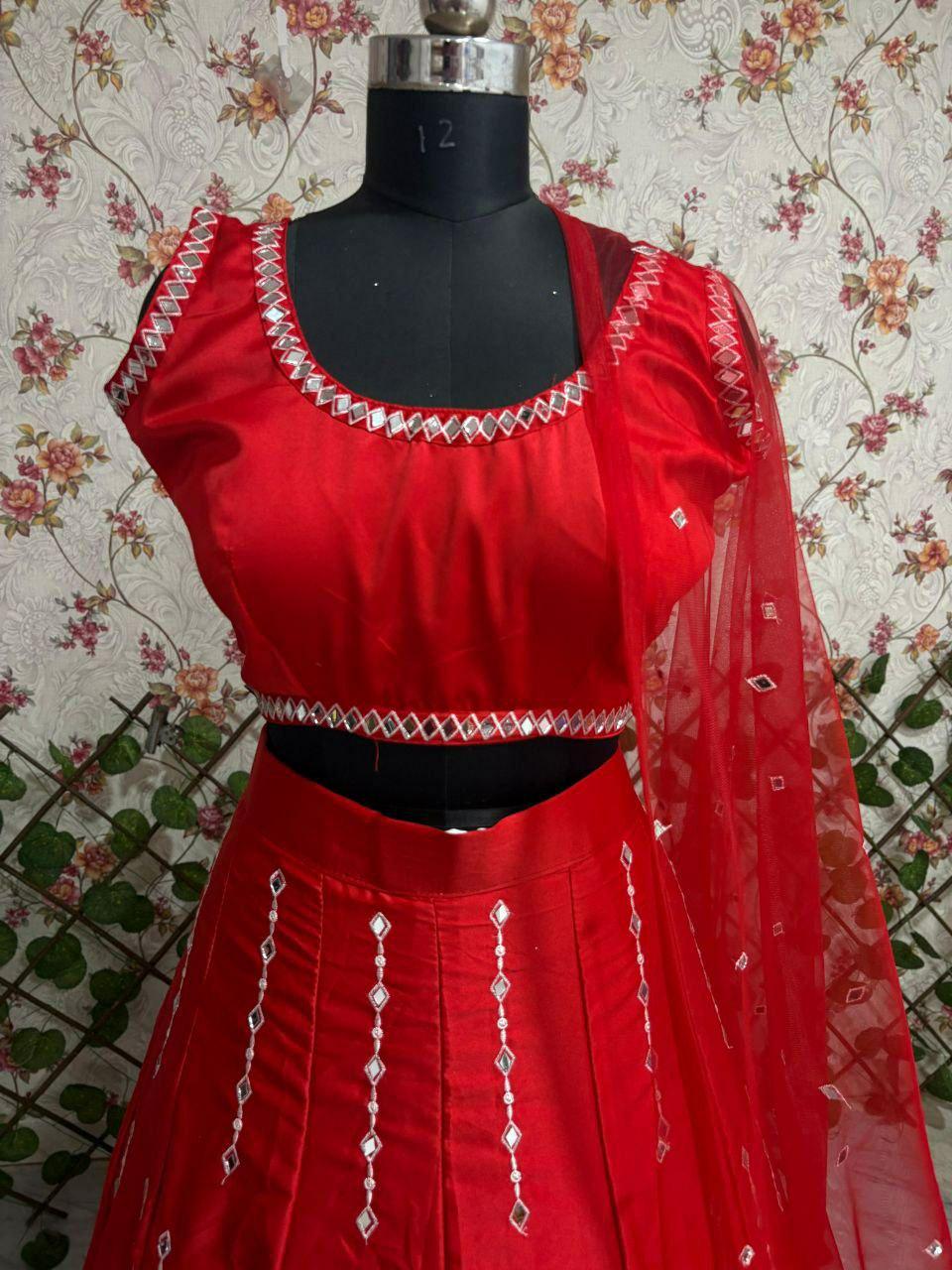 Malai Satin Silk Lehenga Choli, Mirror Work Bridal Wedding Party Wear Set