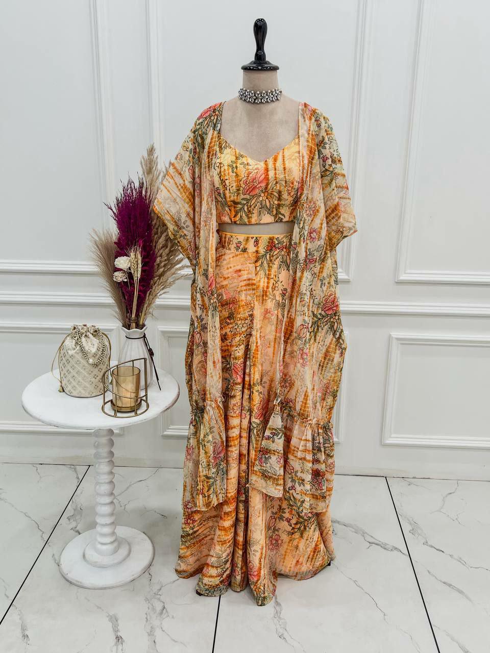 Floral Print Shrug Set, Crop Top Palazzo Co Ord, Fox Georgette Ethnic Outfit