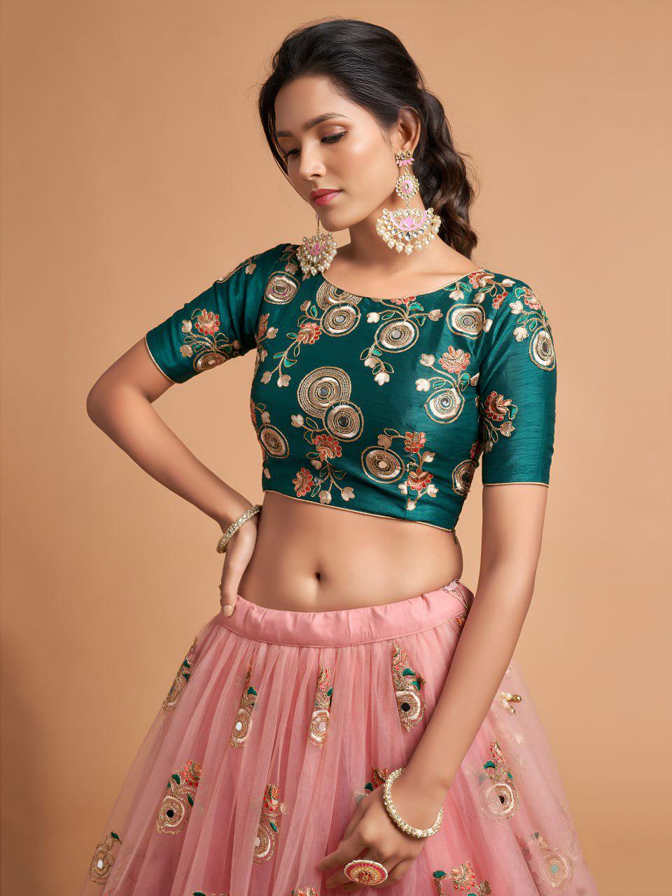 Peach Pink Net Lehenga Choli | Mirror Work, Floral Embroidery, Green Blouse