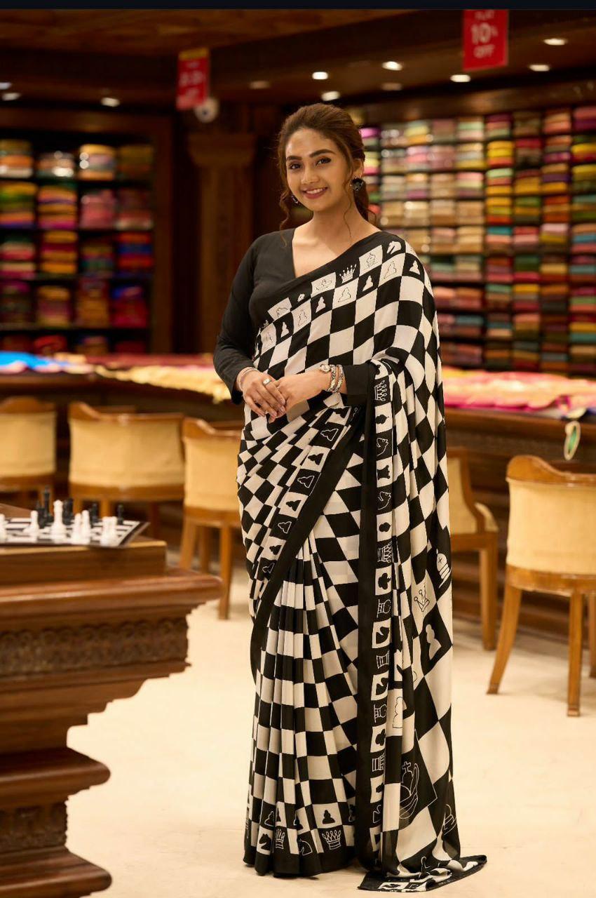 Ajrak Printed Crepe Satin Saree, Batik Check Blouse, Festive Casual Wear
