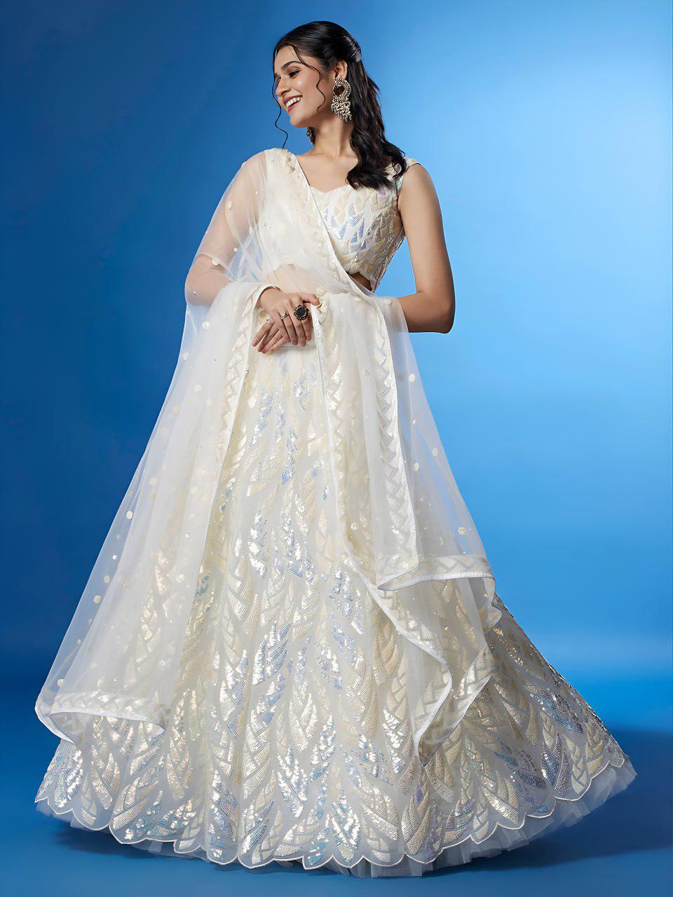 White Soft Net Lehenga Choli Set, Sequins Embroidery, Bridal Party Wear, Semi-Stitched (Wedding)