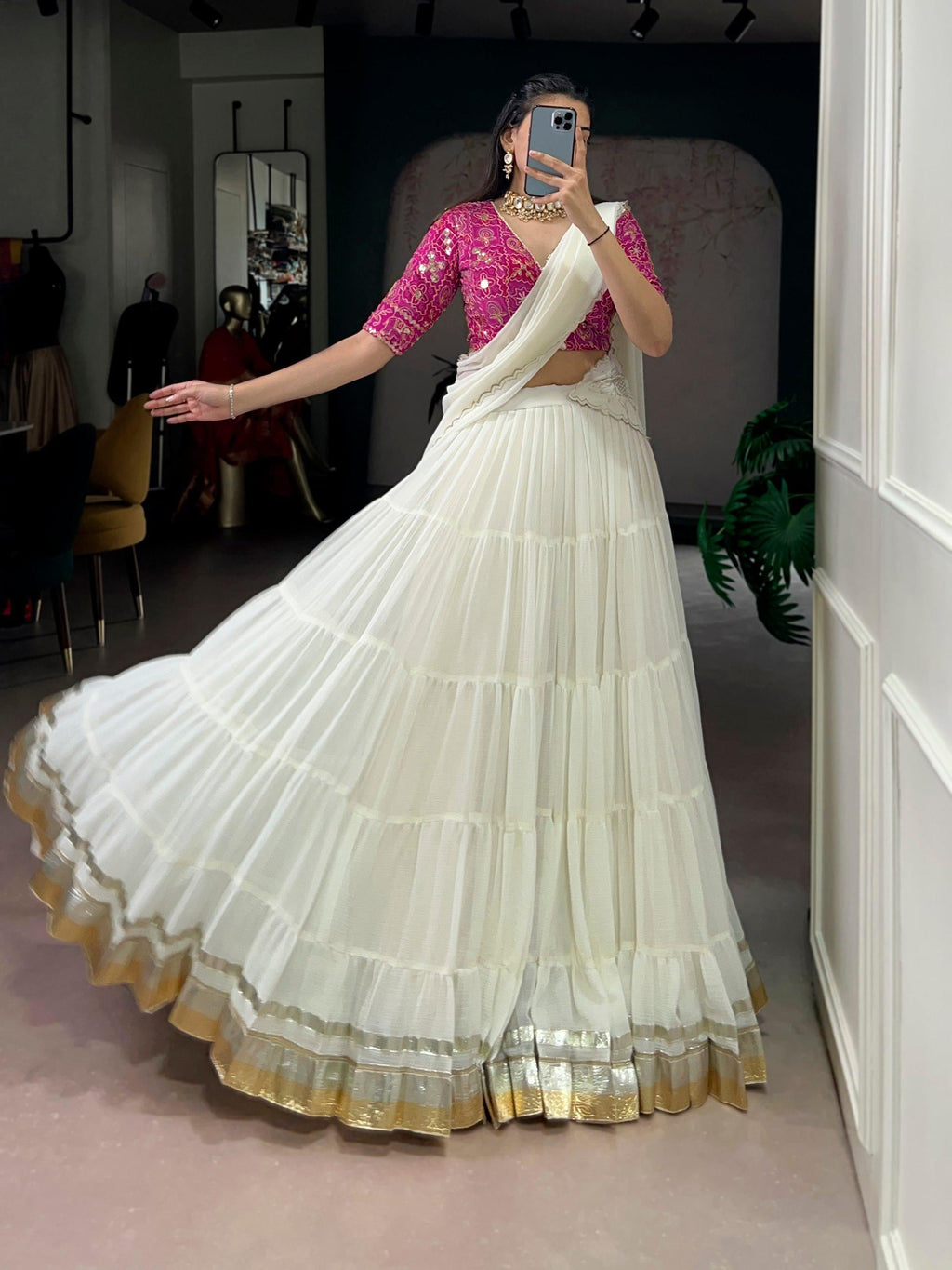 Marble Fabric Lehenga Choli Set, Bandhej Print Blouse, Foil Work Dupatta, 12 Meter Flair