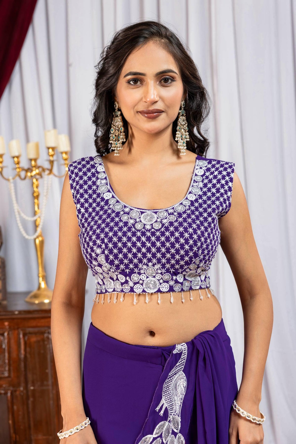 Ready to Wear Faux Georgette Saree with Embroidery & Sequins | Pre-Stitched Saree, Embroidered Blouse