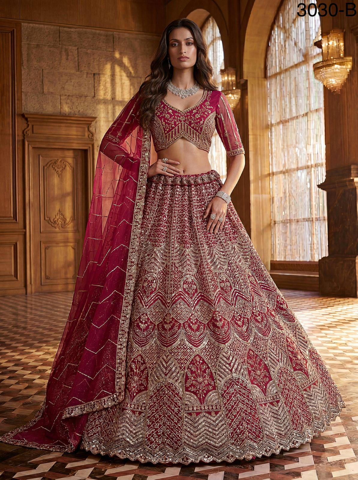 Designer Bridal Net Lehenga Choli, Crystal Sequin Motif Work, Wedding Wear Set