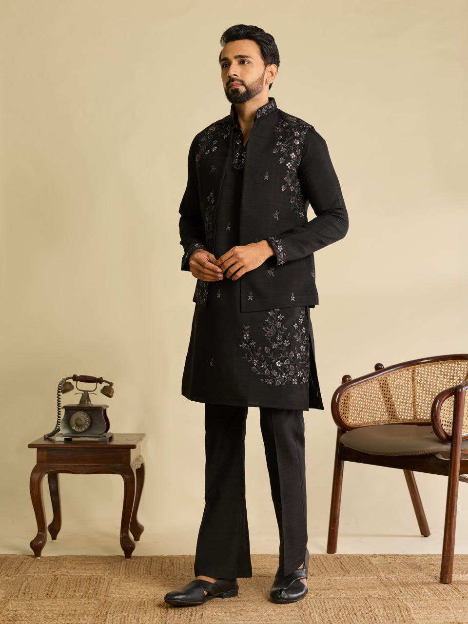 Art Silk Kurta Koti Pant Set | Mirror Work Embroidery Festive Wear