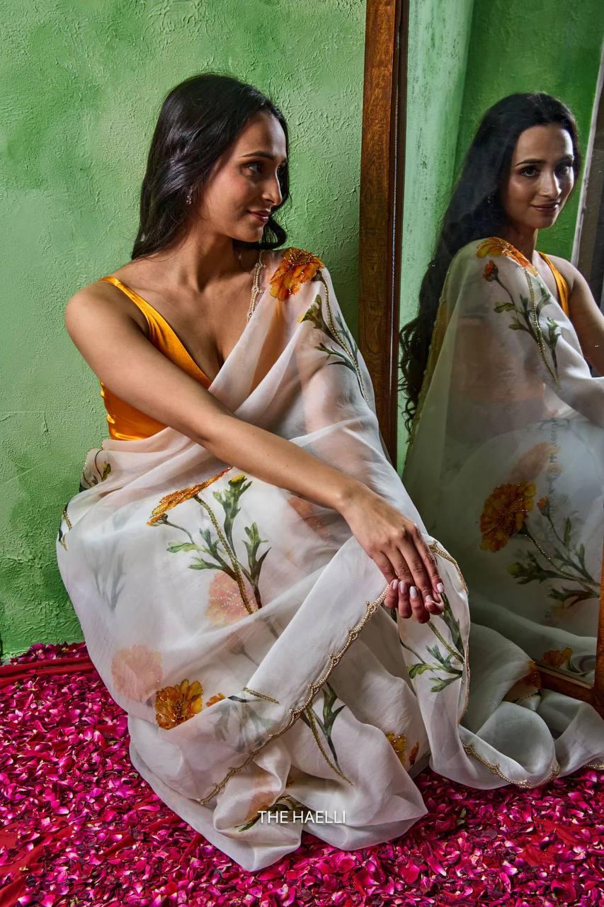 Soft Tabby Floral Sparrow Print Lehenga Choli | Handwork Cutdana Indian Wedding Wear