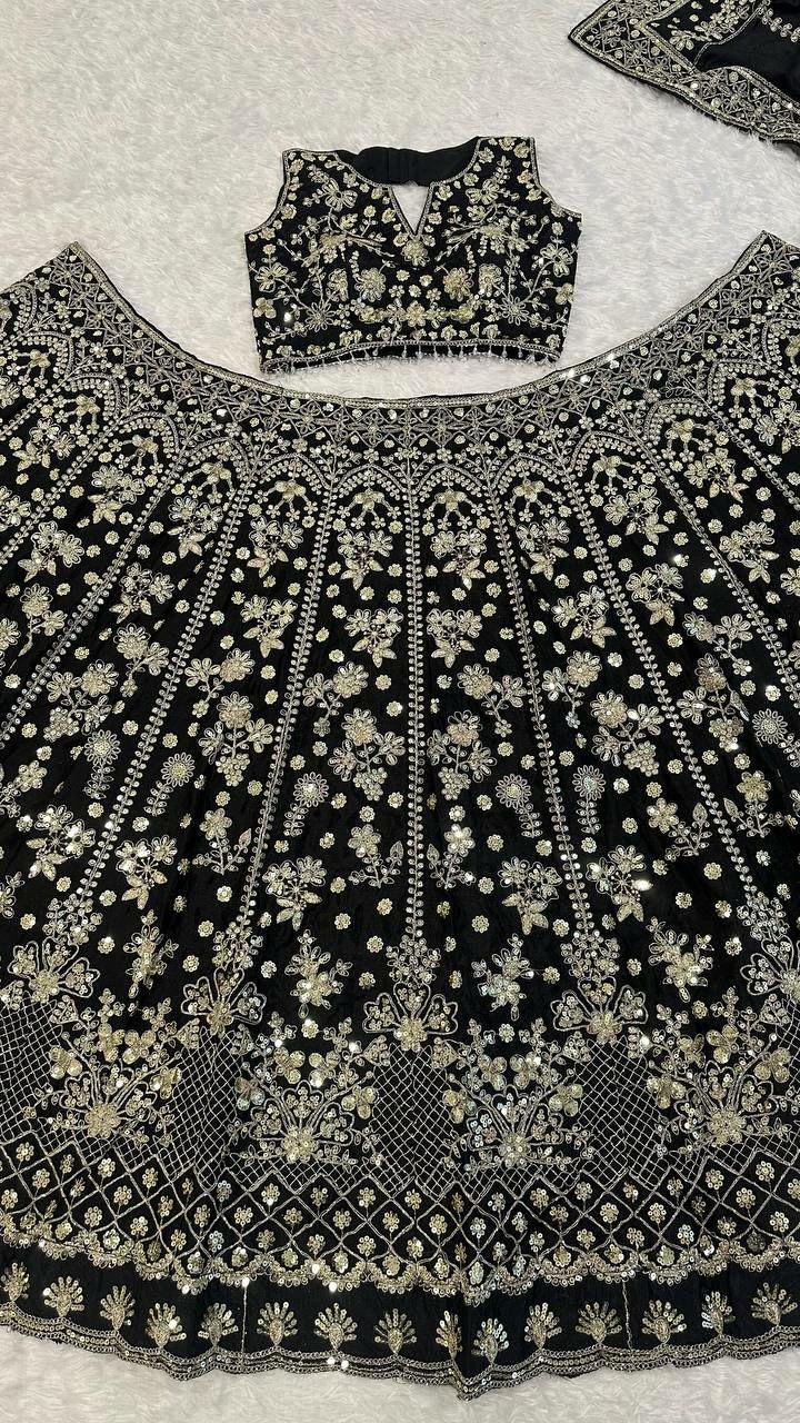 Embroidered Chinon Silk Lehenga Choli Set | Zari, Dori, Sequin Work, Tassel Blouse, Dupatta