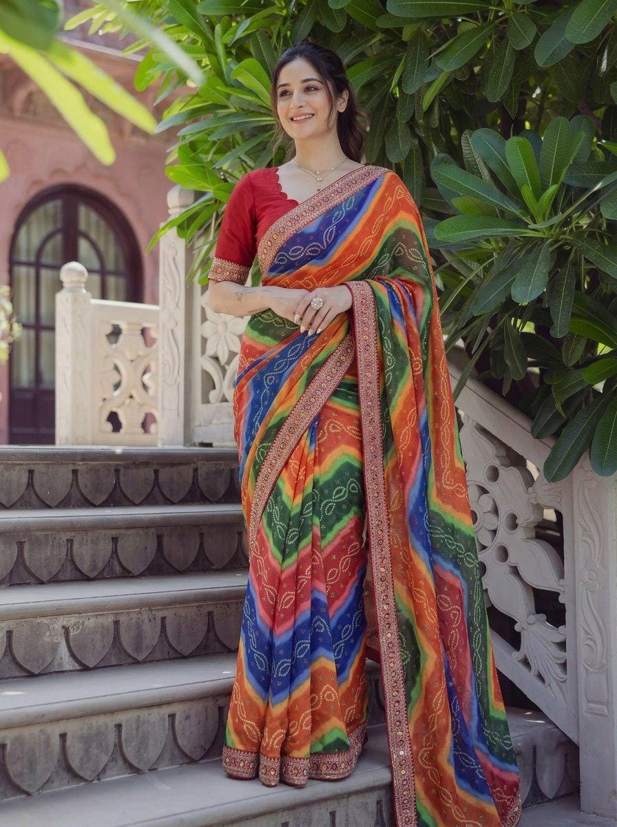Soft Georgette Digital Print Saree | Embroidered Lace Border, Banglory Silk Blouse