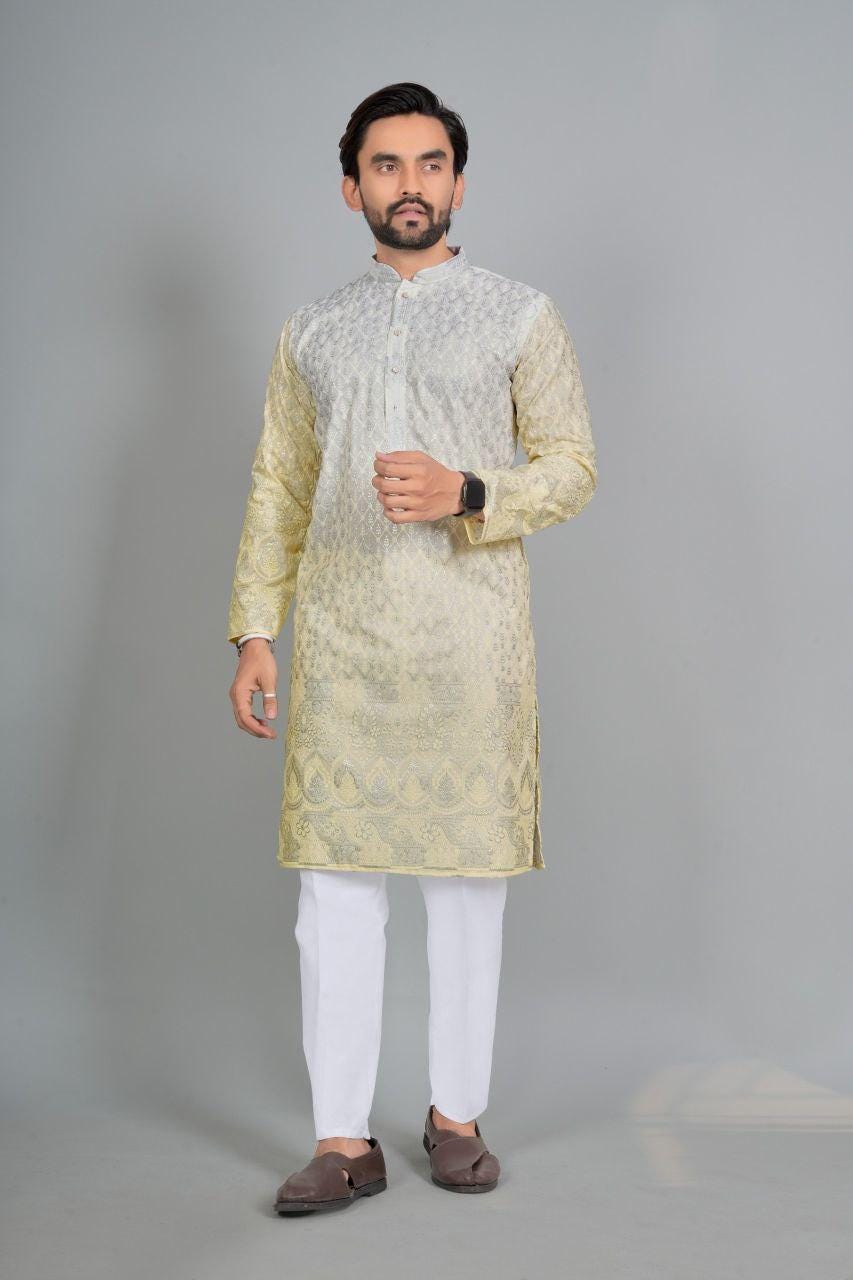 Men's Roman Silk Kurta Pajama Set with Embroidered Koti, Festive Ethnic Wear