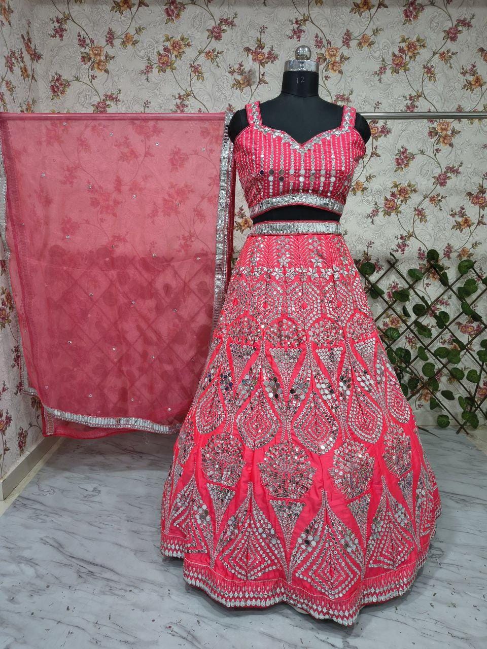 Malai Satin Lehenga Choli Set | Mirror, Sequins, Foil Embroidery | Bridal Outfit (Semi-Stitched)