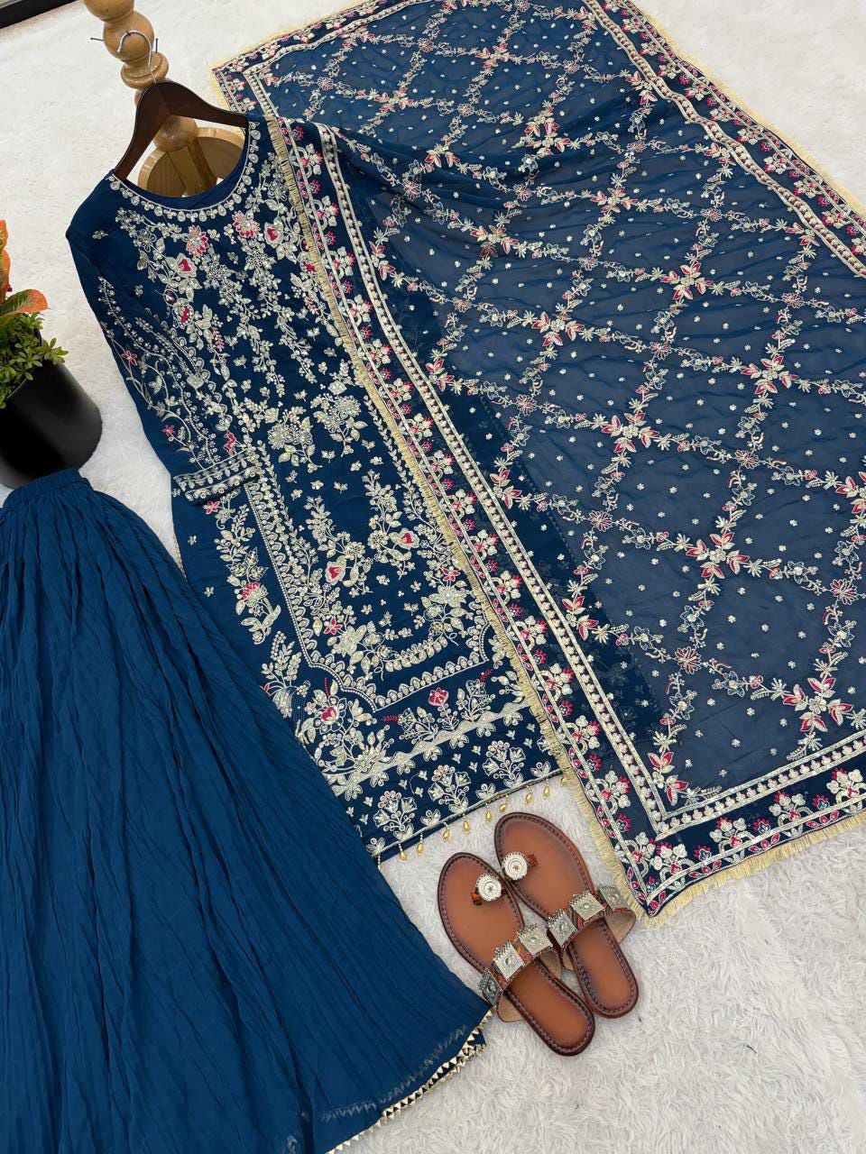 Embroidered Faux Georgette Kurta Palazzo Set with Sequins, Beads Work Ethnic Wear