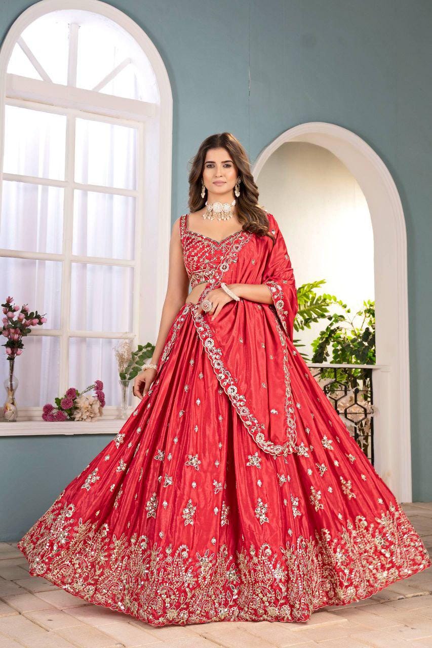 Chinon Lehenga Choli | Sequins, Coding Embroidery, 3.5M Flair Bridal Set