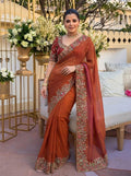 Fendy Satin Silk Saree with C-Pallu Embroidery | Designer Wedding Wear Blouse Piece