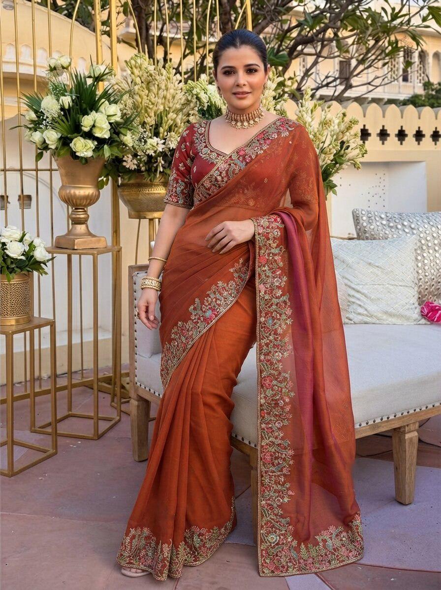 Fendy Satin Silk Saree with C-Pallu Embroidery | Designer Wedding Wear Blouse Piece