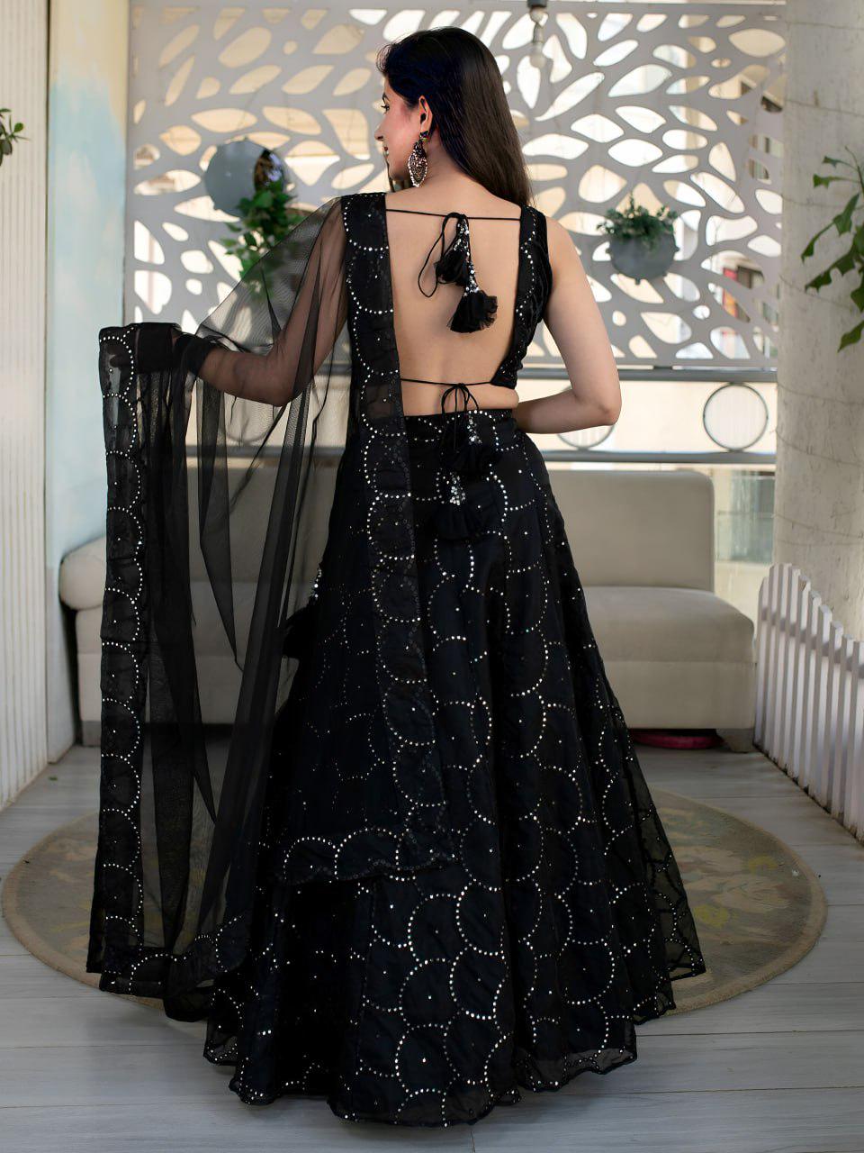 Black Organza Lehenga Choli, Velvet Blouse, Sequins Embroidery Wedding Outfit
