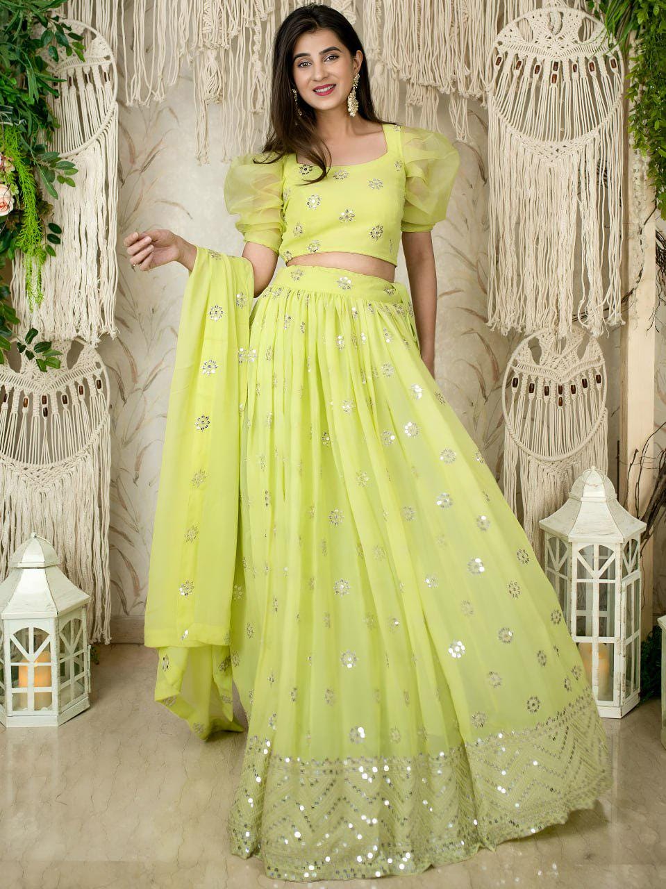 Lime Green Georgette Lehenga Choli, Sequins Zari Embroidery, Puff Sleeve Blouse, Net Dupatta
