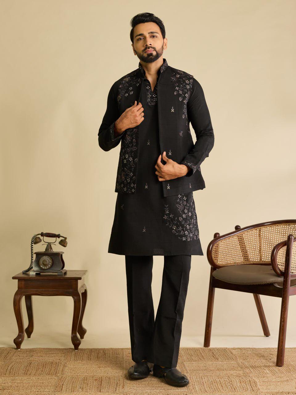 Art Silk Kurta Koti Pant Set | Mirror Work Embroidery Festive Wear