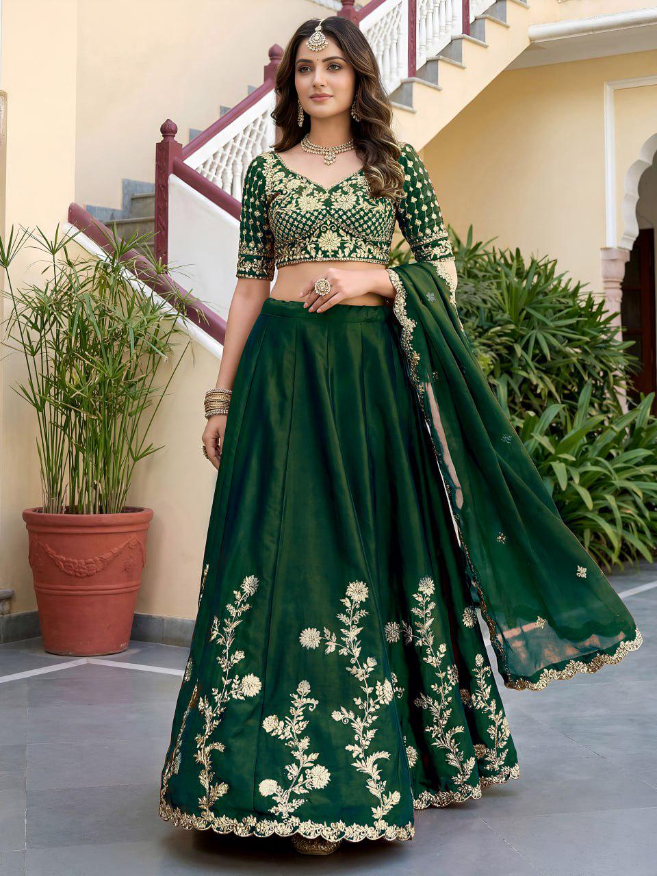 Bottle Green Rangoli Silk Lehenga Choli Set | Zari Dori Sequins Embroidery, Festive Outfit