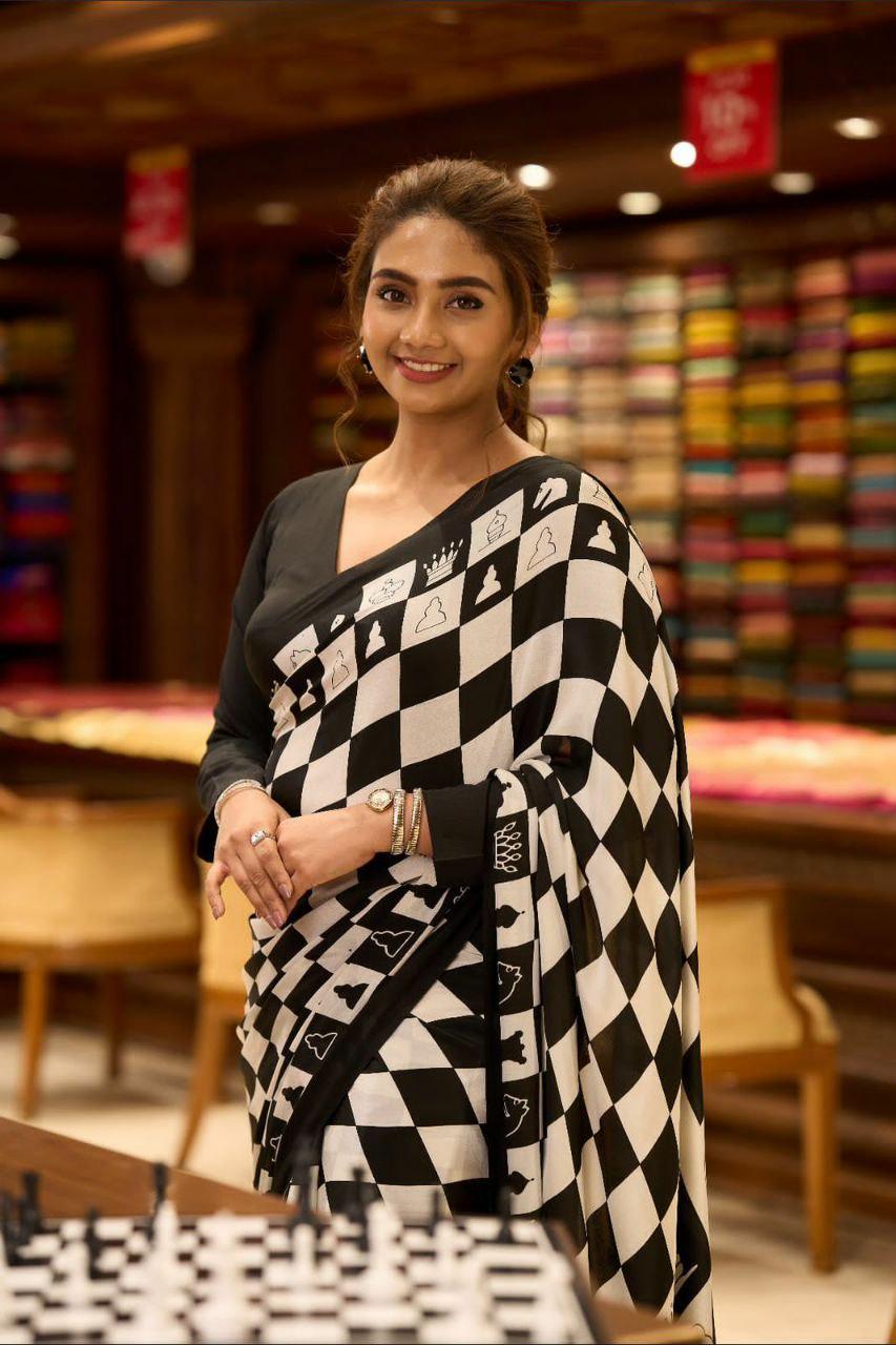 Ajrak Printed Crepe Satin Saree, Batik Check Blouse, Festive Casual Wear