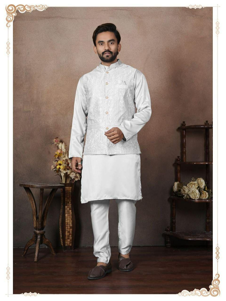 Men's Malai Satin Kurta Koti Pyjama Set, Wedding Ethnic Party Wear
