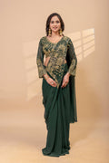 Ready-to-Wear Faux Georgette Saree with Embroidery, Stitched Blouse