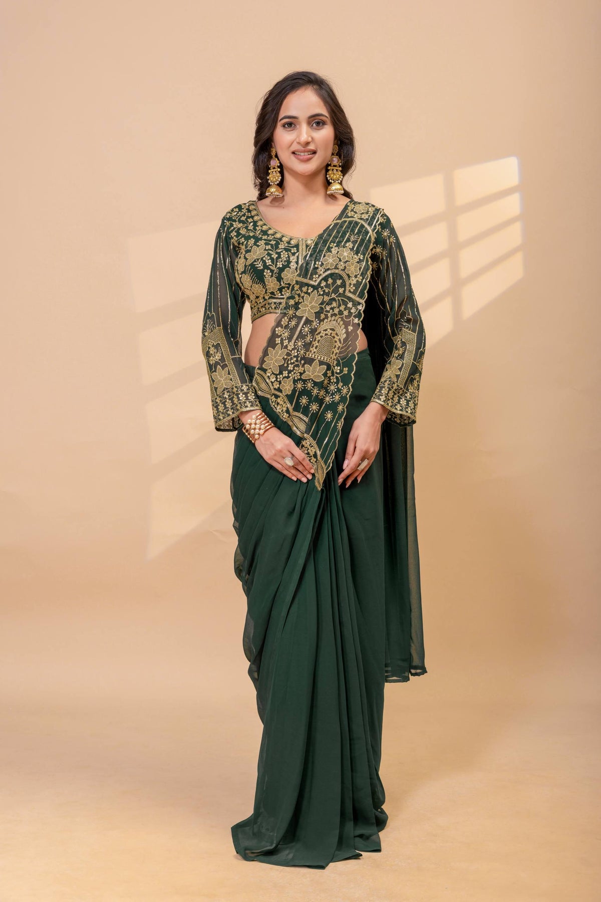Ready-to-Wear Faux Georgette Saree with Embroidery, Stitched Blouse