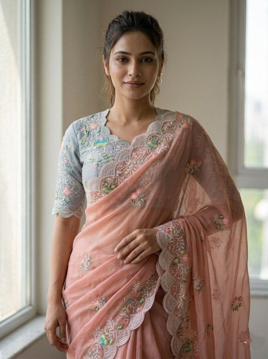 Fox Georgette Embroidered Saree with White Coding & Cutwork Border