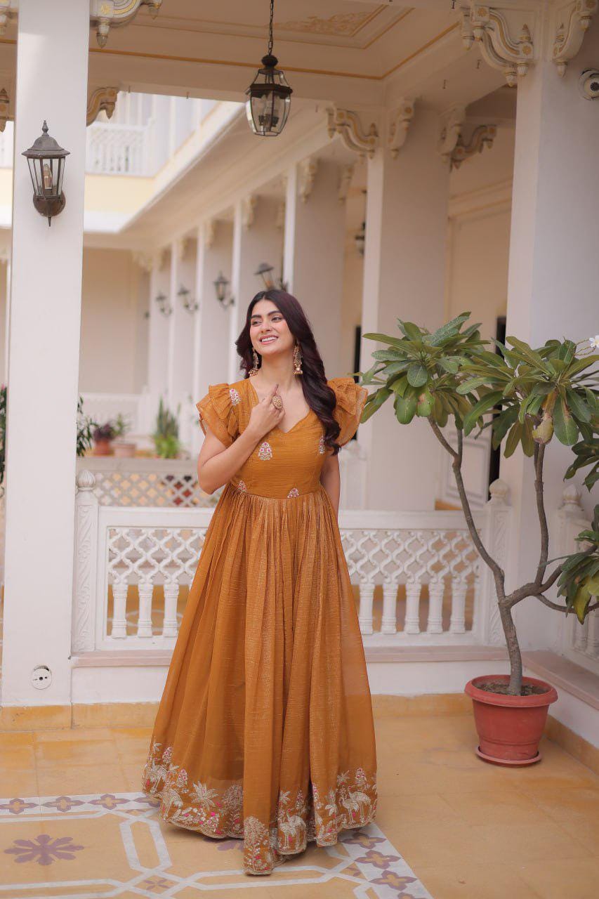 Silver Embroidered Gown, Frill Sleeve Ethnic Party Dress, Flared Anarkali Gown