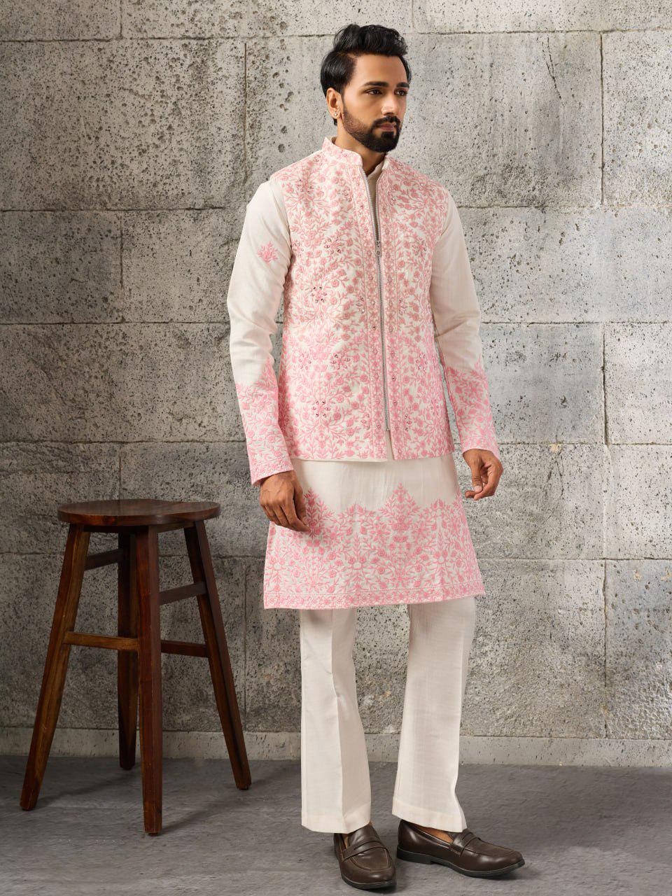 Art Silk Kurta Koti Set | Real Mirror Multi Thread Embroidery Wedding Outfit