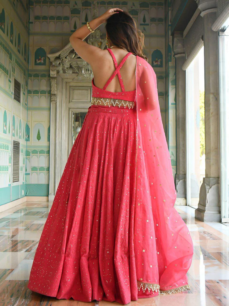 Coral Pink Georgette Lehenga Choli Set | Thread Sequins Embroidered Dupatta