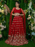 Red Georgette Lehenga Choli, Sequins Zari Embroidery, Net Blouse Dupatta, Semi Stitched Wedding Set