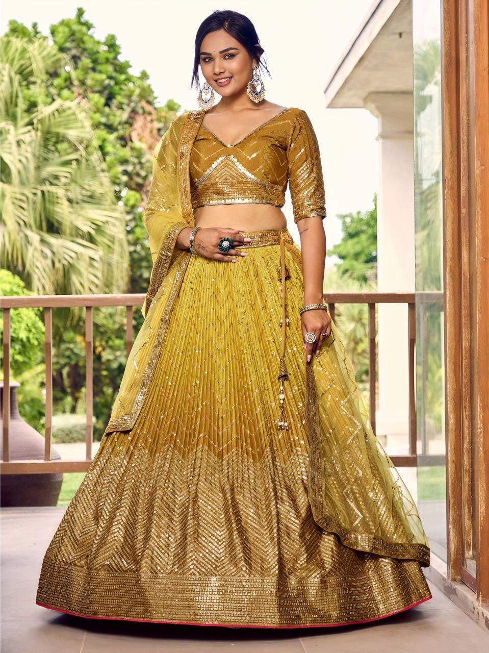 Mustard Gold Chinnon Lehenga Choli Set | Thread Sequin Embroidered Wedding Lehenga (Semi-Stitched)