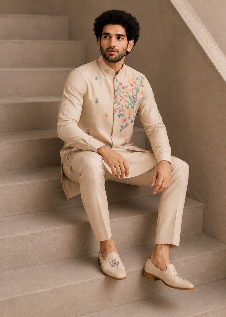 Men's Roman Silk Kurta Pant Set with Embroidered Koti | Festive Ethnic Outfit