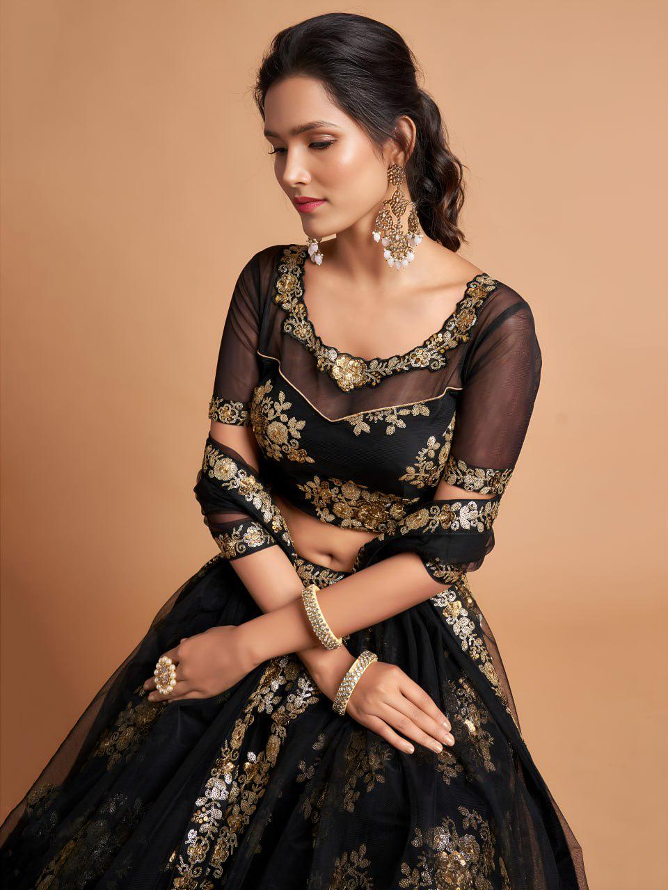 Black Net Lehenga Choli with Zari Sequins Embroidery | Indian Wedding Party Wear Set
