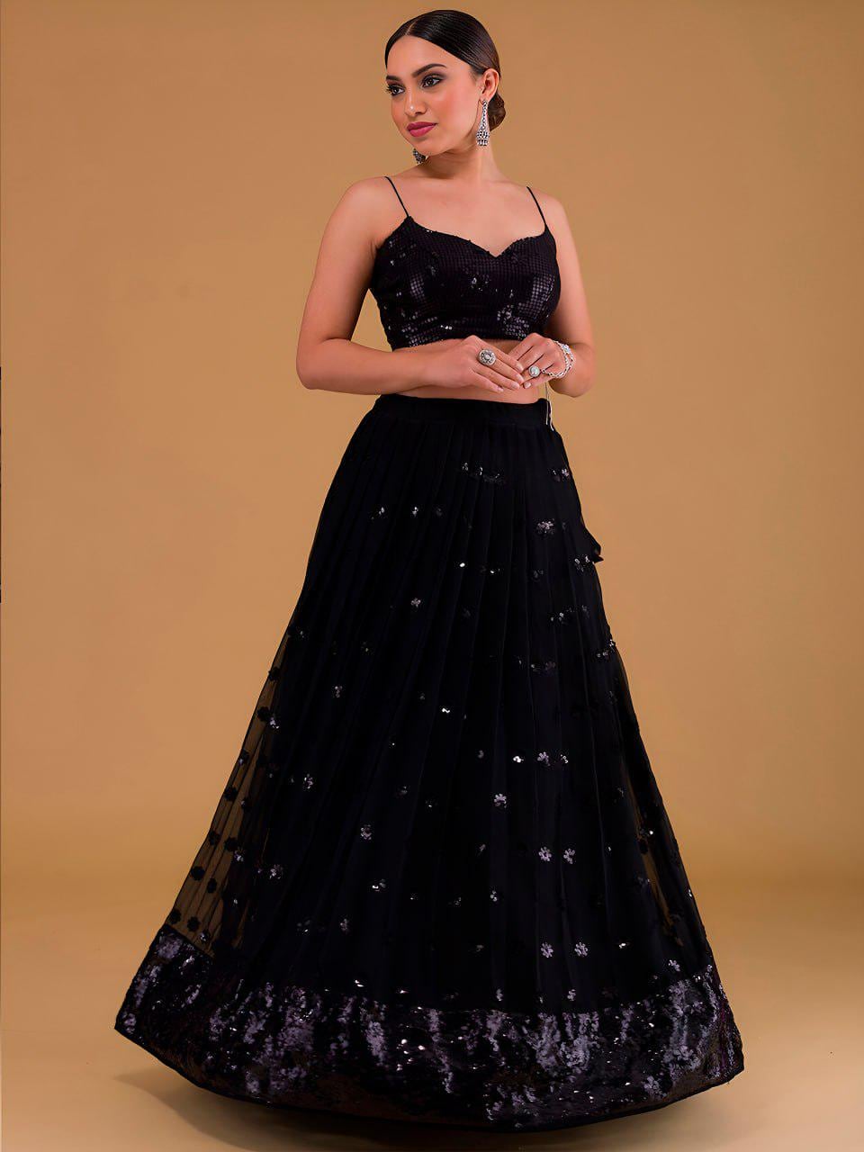 Black Heavy Georgette Lehenga Choli Set | Sequins Embroidered Wedding Outfit