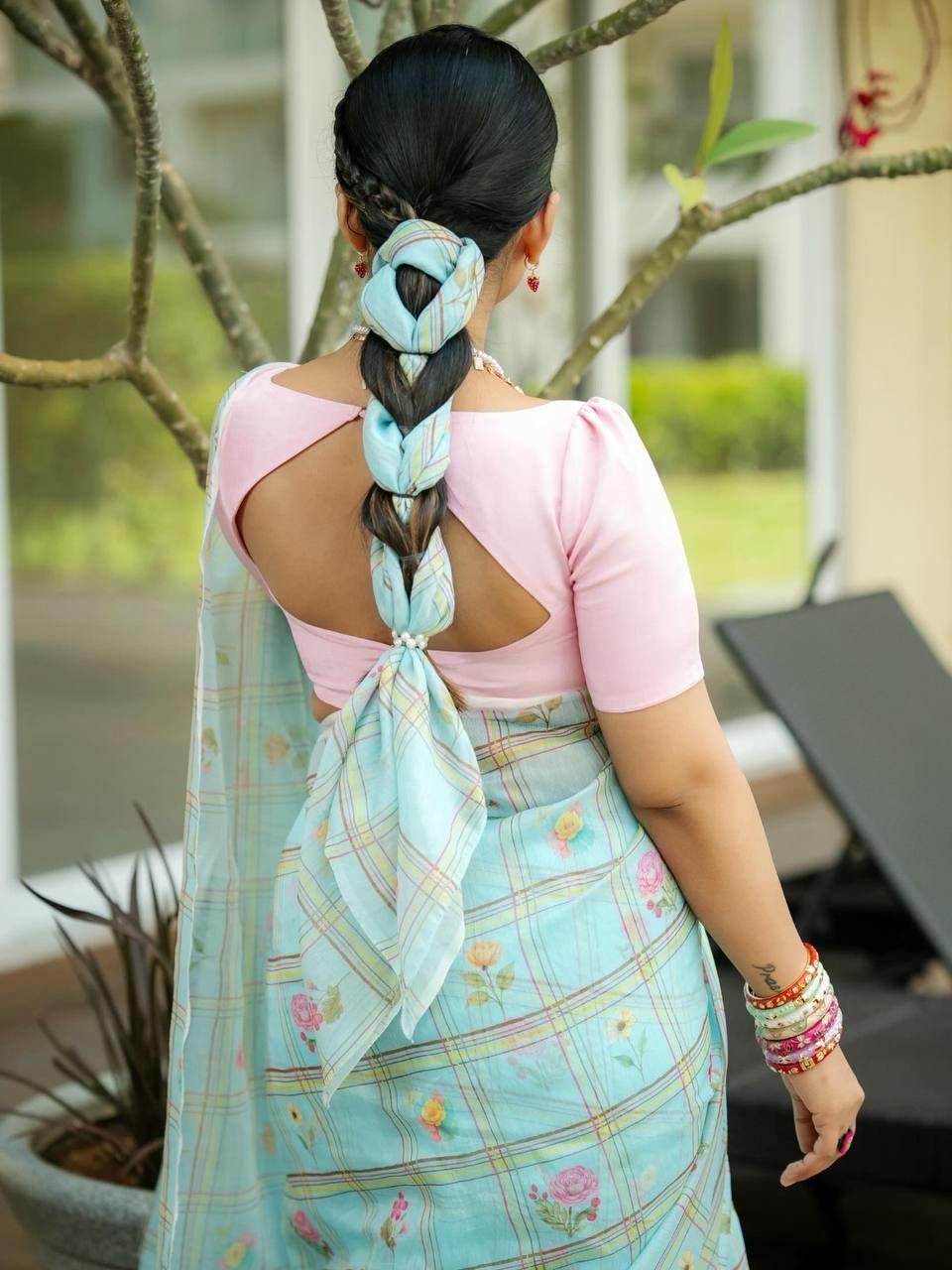 Soft Linen Digital Printed Saree | Checks Floral Dasty Print, Baby Pink Blouse