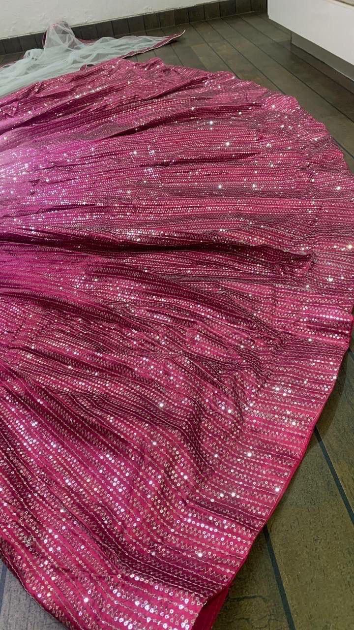 Satin Silk Lehenga Choli, Sequins Work, Bridal Wedding Festive Wear Net Dupatta