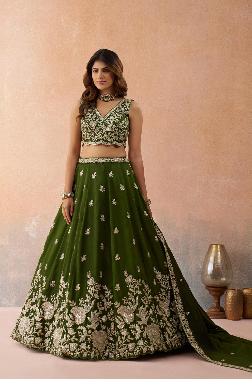 Olive Tissue Lehenga Choli Set, Sequins Zari Embroidery, Bridal Party Wear