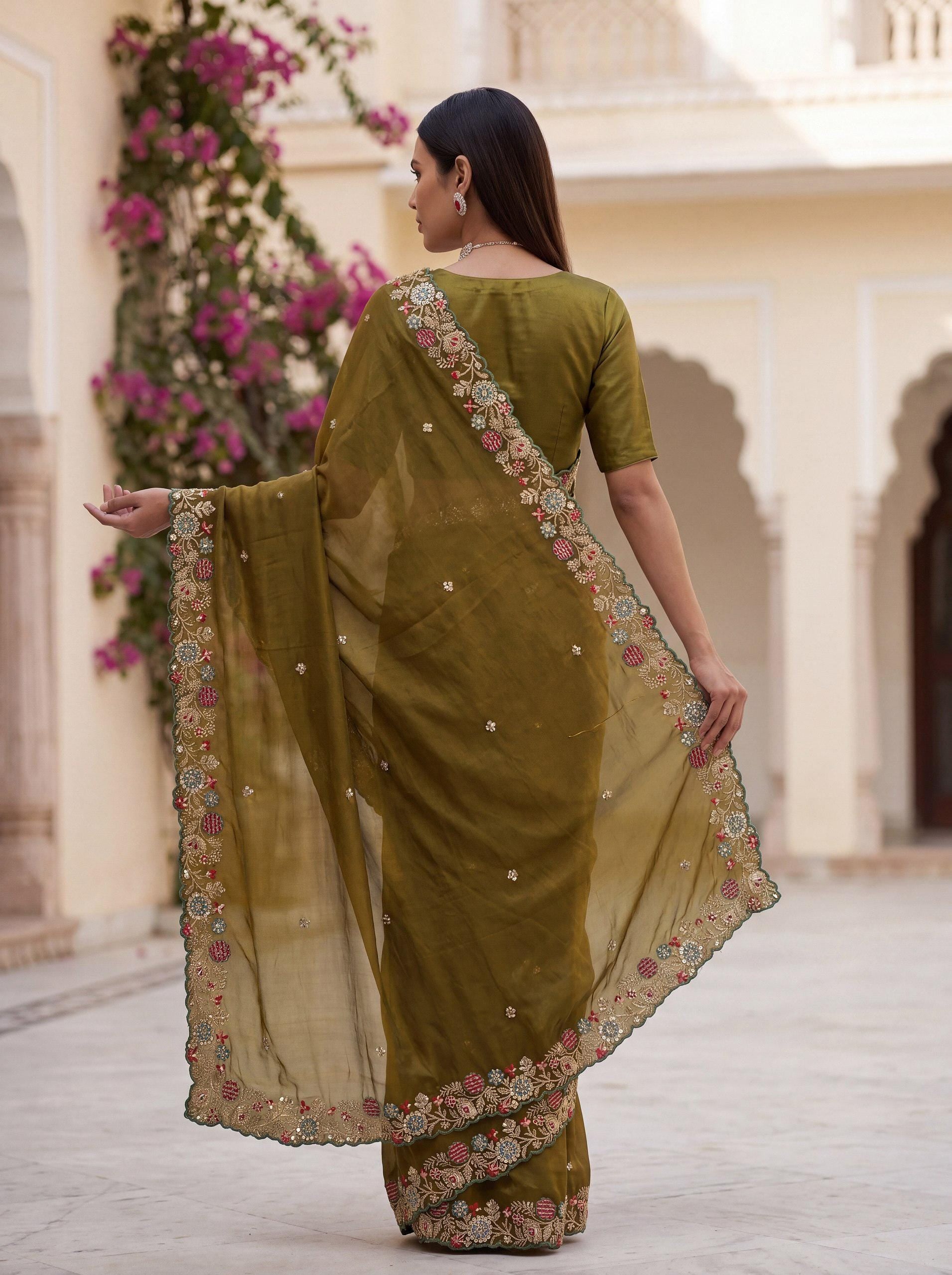 Fendy Satin Silk Saree with Embroidered Butti & Cutwork Border | Wedding Heavy Blouse