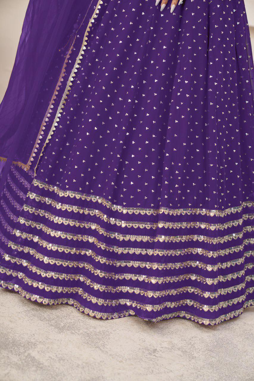 Violet Georgette Lehenga Choli Set | Zari Sequins Embroidery, Semi-Stitched, Festive Wear