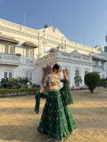 Green Fox Georgette Lehenga Choli, Sequins Embroidery, 4 Meter Flare Wedding Set