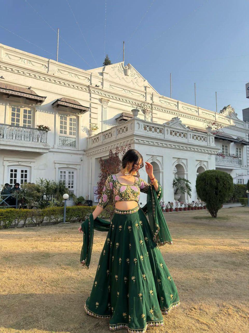 Green Fox Georgette Lehenga Choli, Sequins Embroidery, 4 Meter Flare Wedding Set