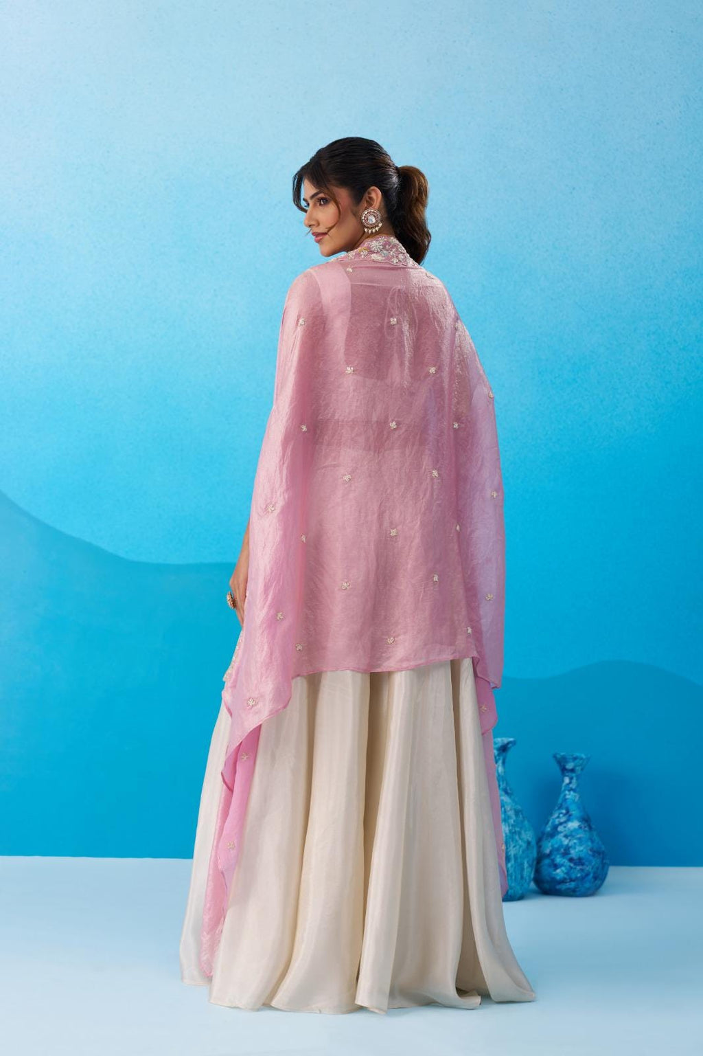 Cream Viscose Crop Top Palazzo Set with Pink Cape, Beads Embroidery Festive Co-Ord