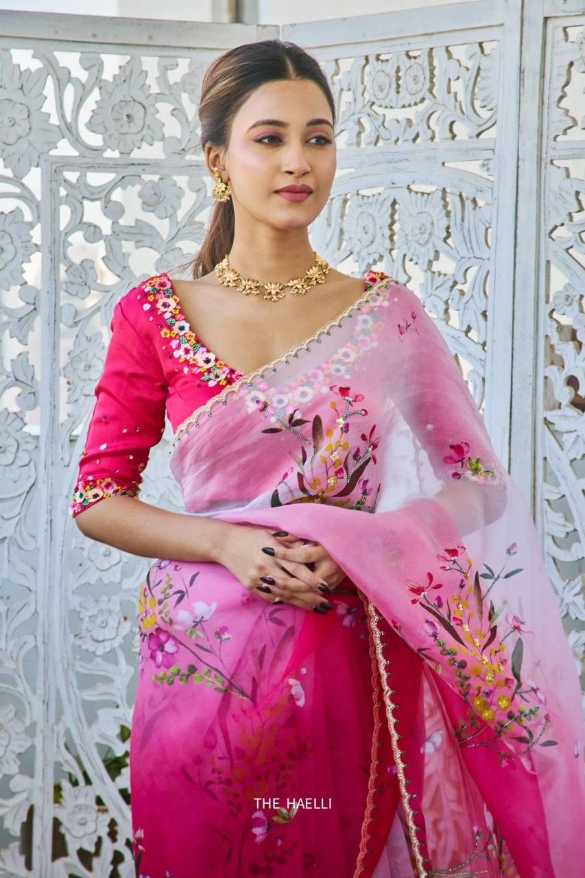 Floral Print Tabi Saree with Cut Dana Handwork, Chinon Blouse, Summer Party Wear