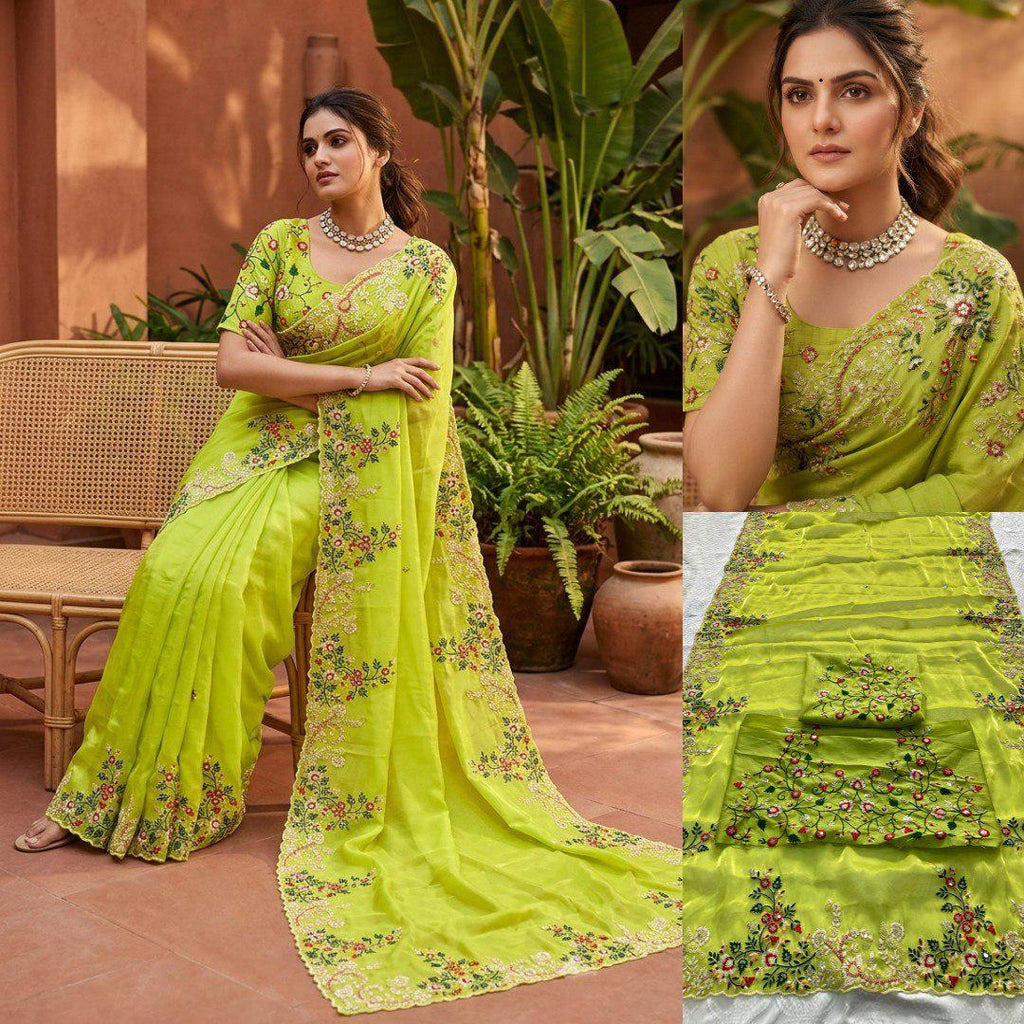 Paper Silk Saree Embroidered Sequins Cutwork Border | Designer Wedding Party Wear Blouse