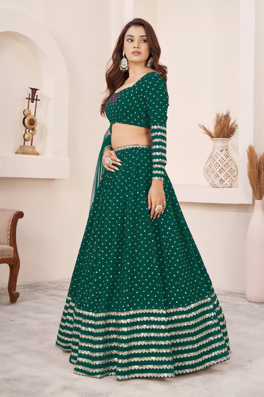 Teal Green Georgette Lehenga Choli Set | Zari Sequins Embroidery, Semi-Stitched Wedding Wear
