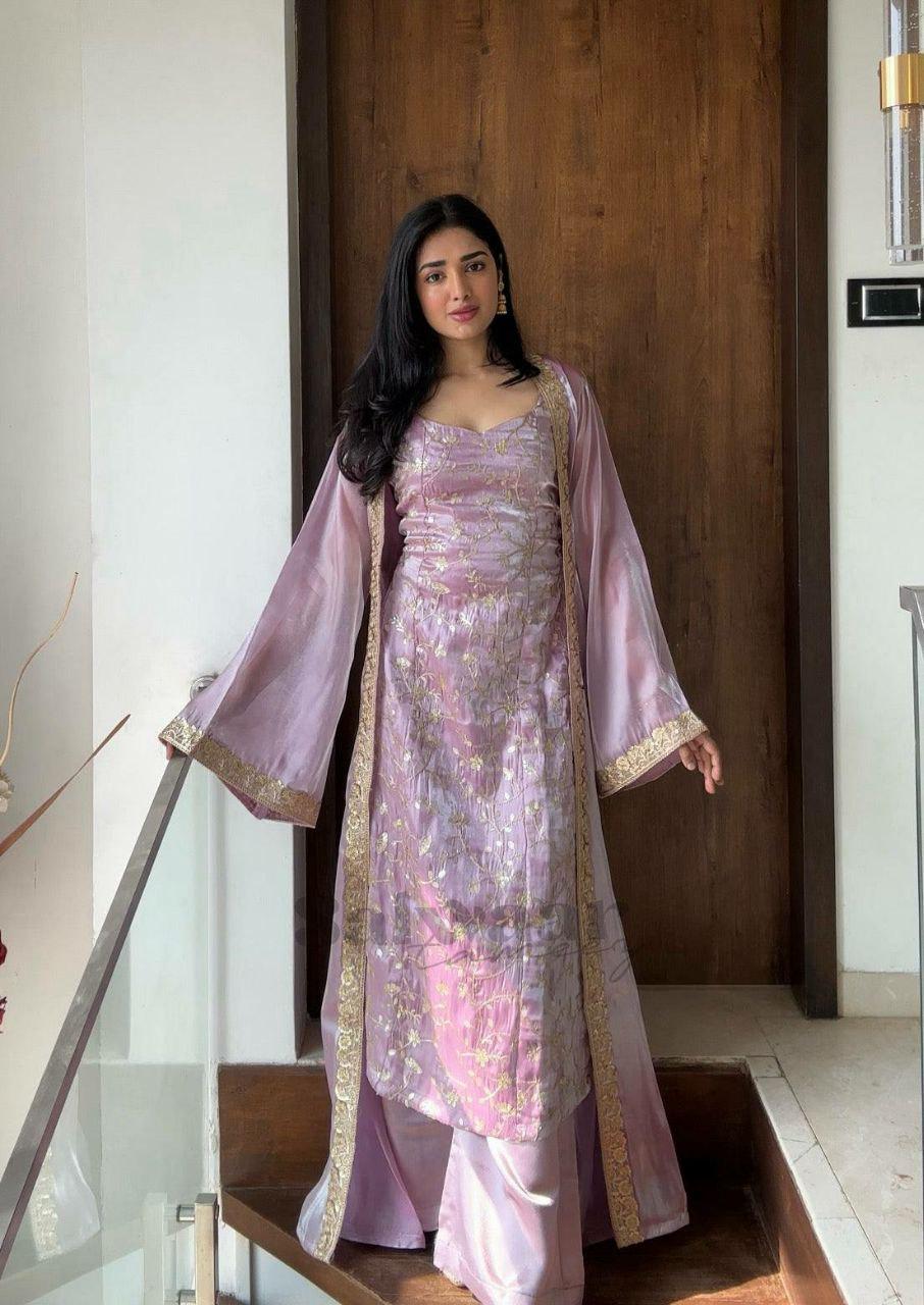 Embroidered Jimmy Silk Kurti Palazzo Set with Long Koti Jacket, Festive Indian Outfit