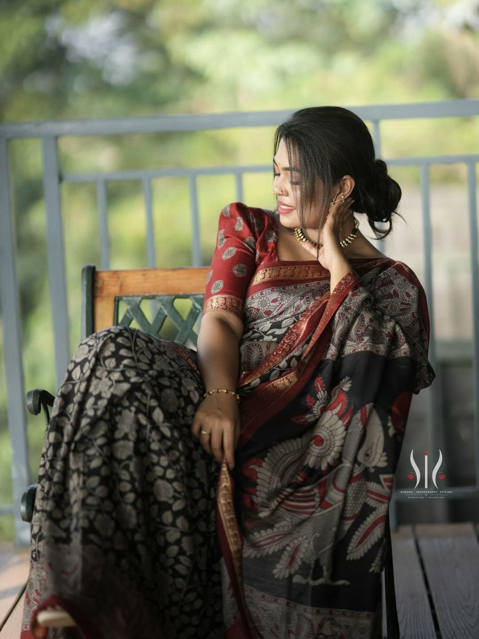 Soft Black Dola Silk Saree with Pen Kalamkari Art