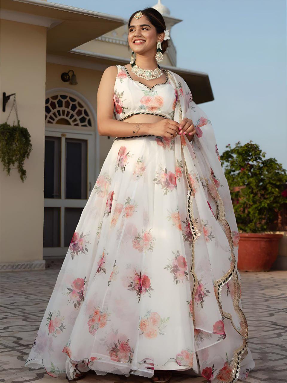 White Floral Organza Lehenga Choli Set with Gota Lace Embroidery