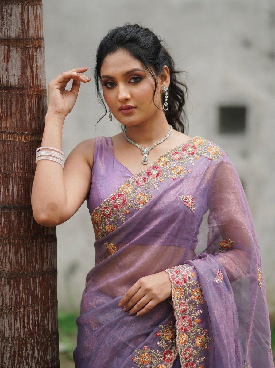 Twill Net Saree Multi Embroidery Cutwork Border | Designer Wedding Saree | Banglory Silk Blouse Piece